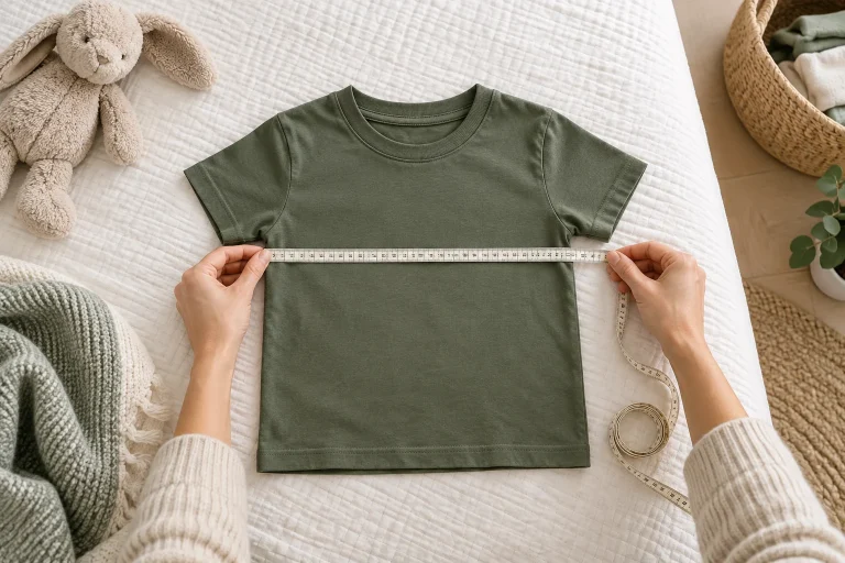 Kinder T-shirt opmeten met een meetlint voor de juiste maat