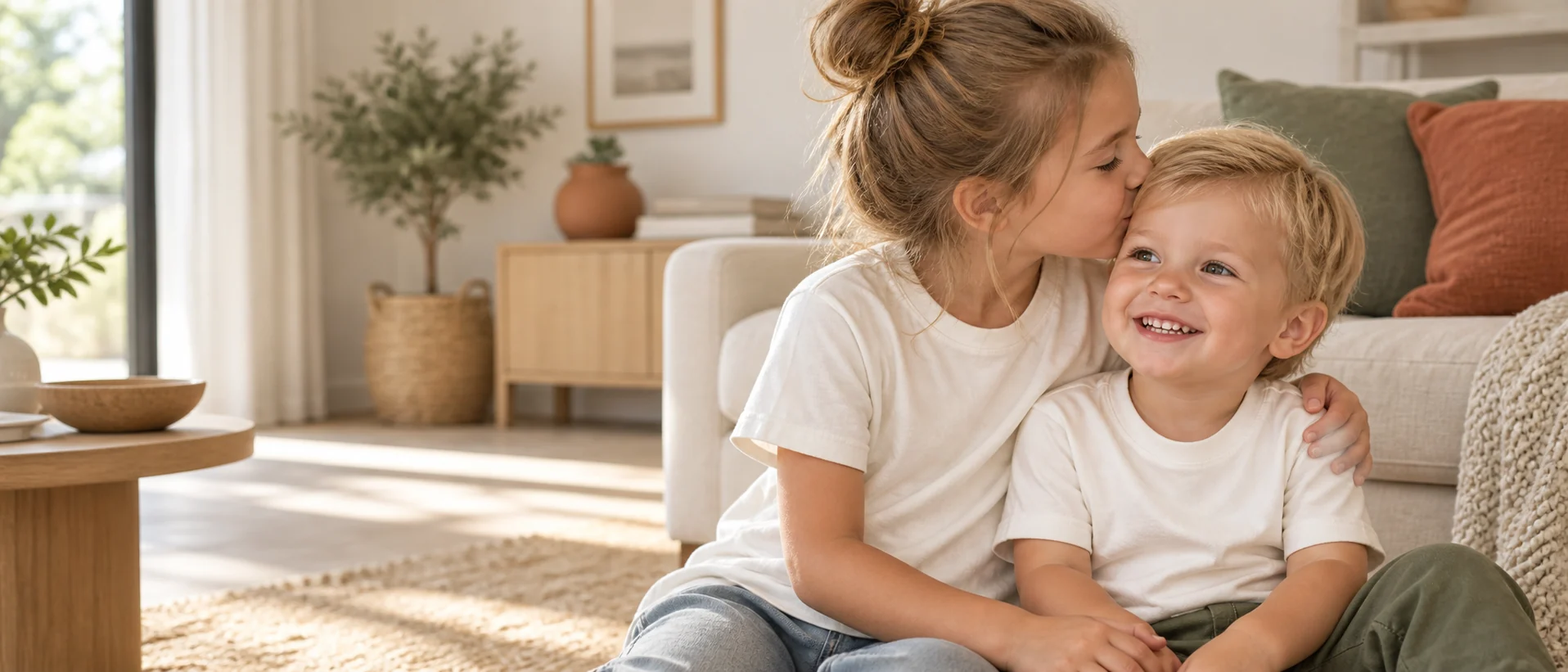 Grote zus geeft haar kleine broer een kus in een lichte woonkamer