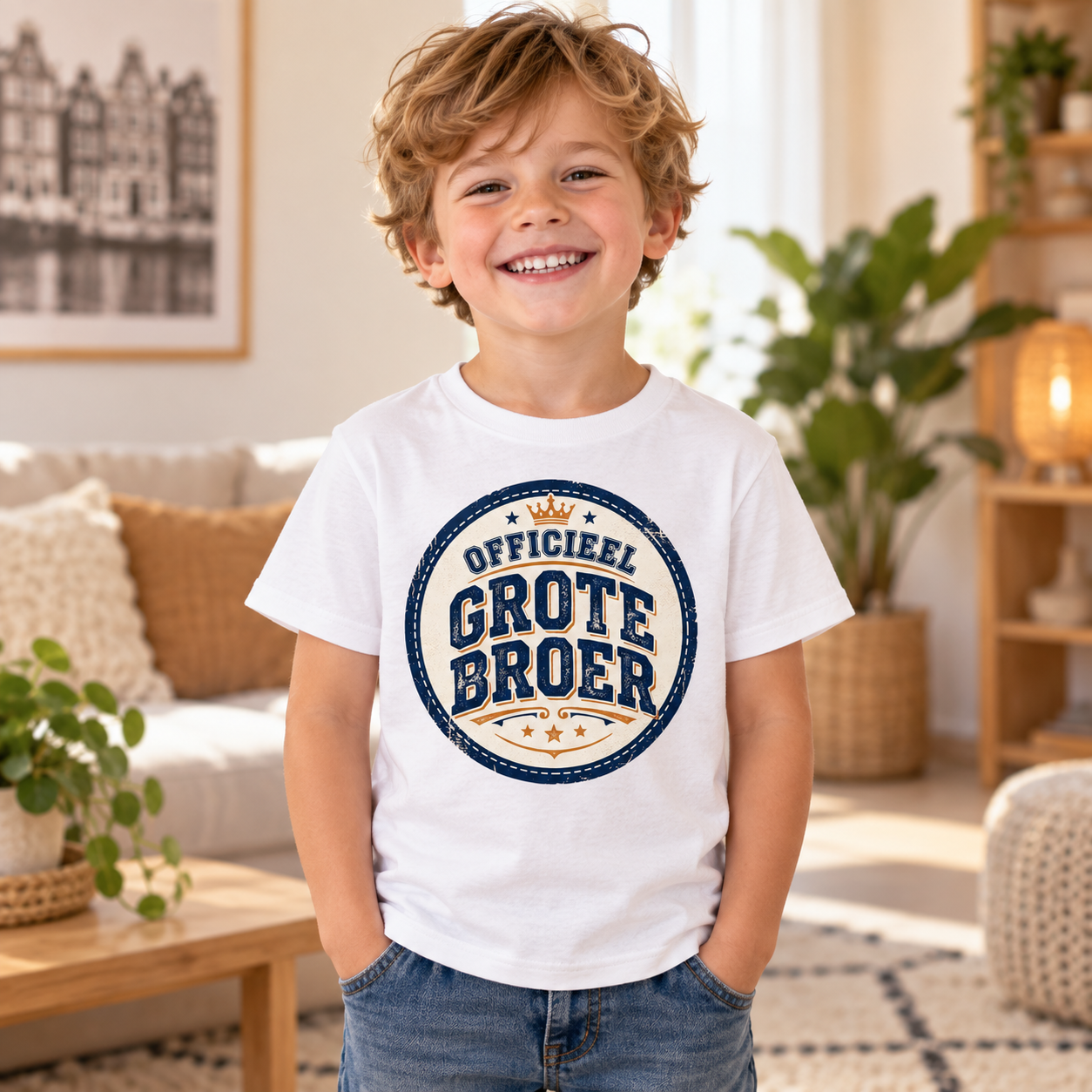 Jongen draagt Officieel Grote Broer T-shirt met zichtbare aankondigingsprint