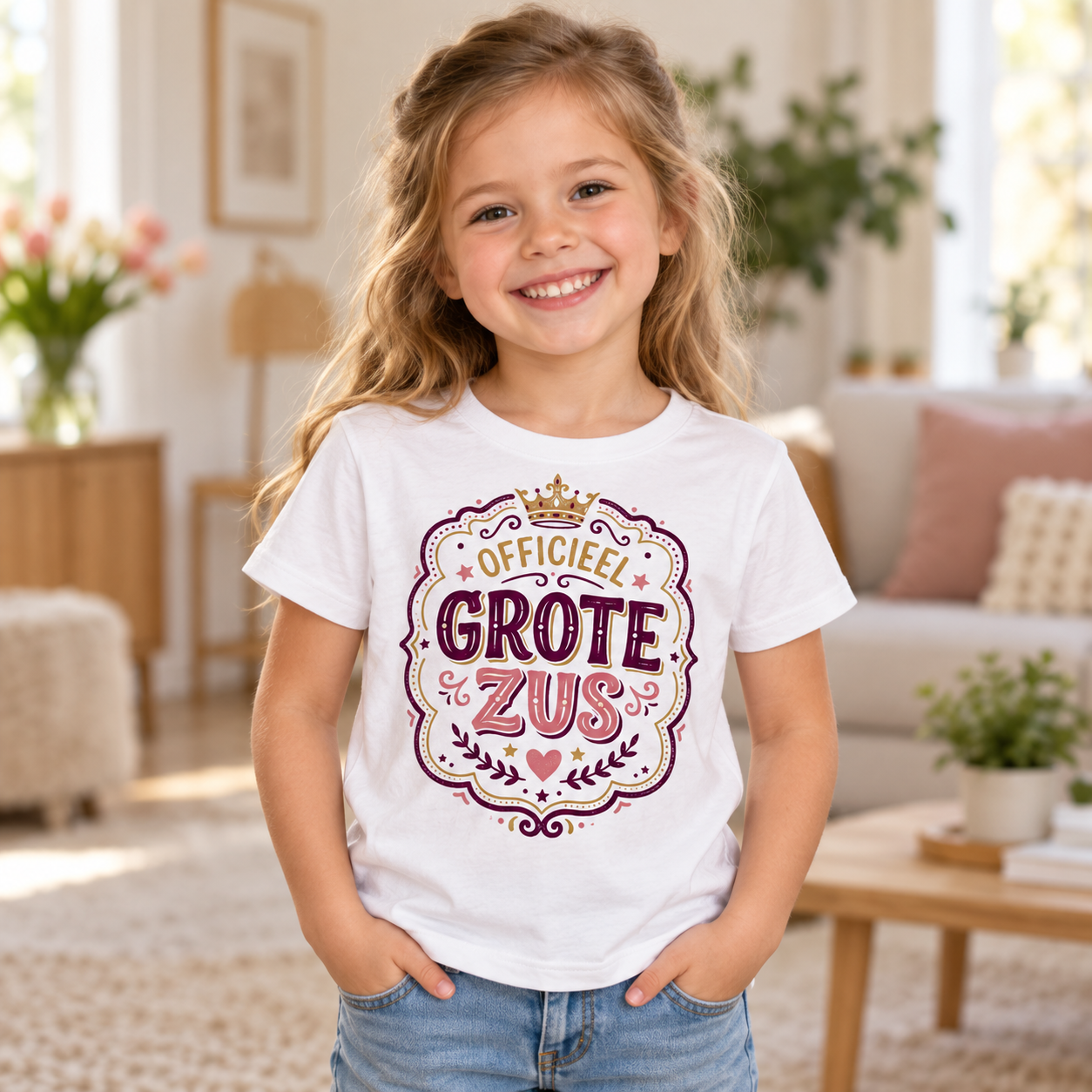Meisje draagt Officieel Grote Zus T-shirt met zichtbare aankondigingsprint