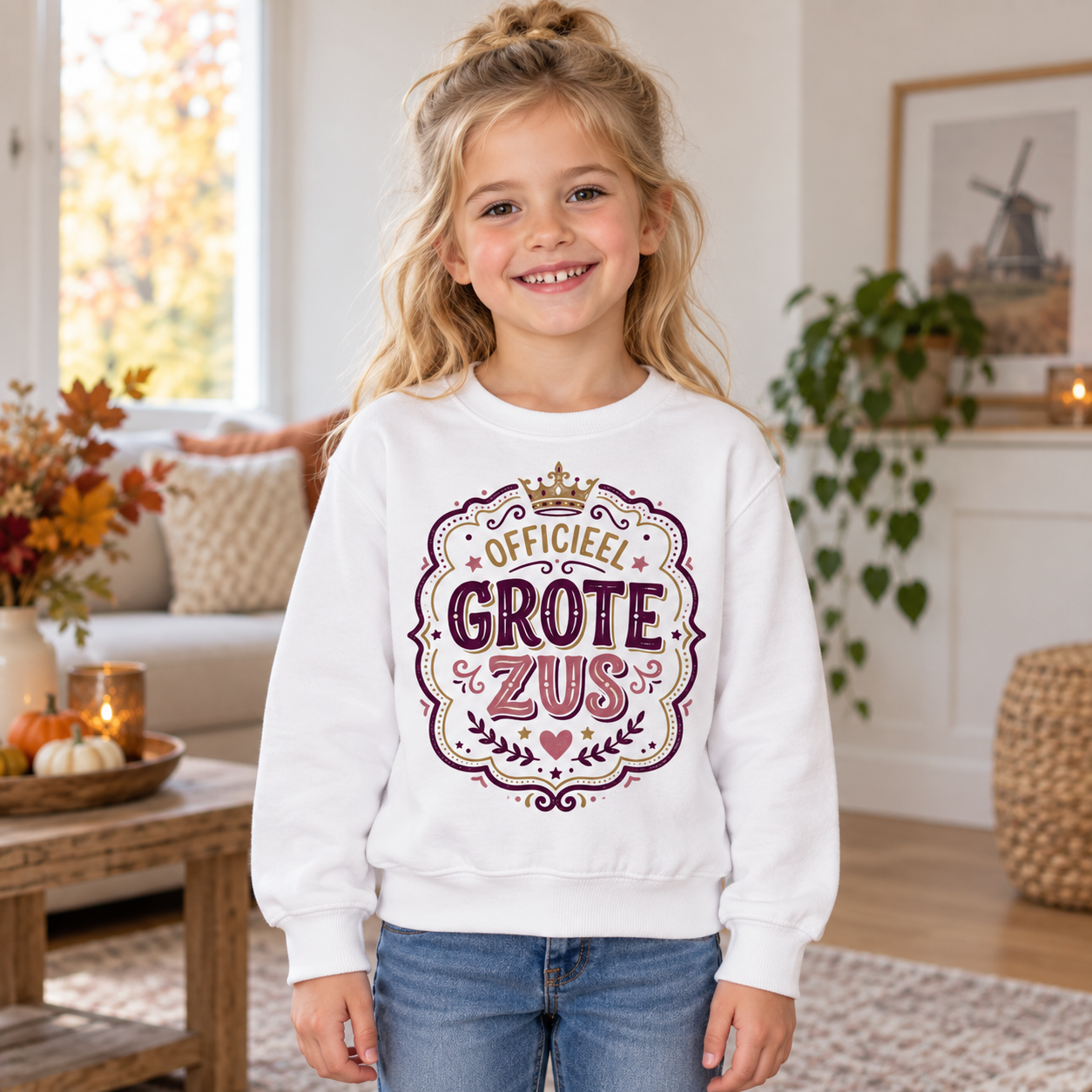 Meisje draagt Officieel Grote Zus trui met zichtbare aankondigingsprint